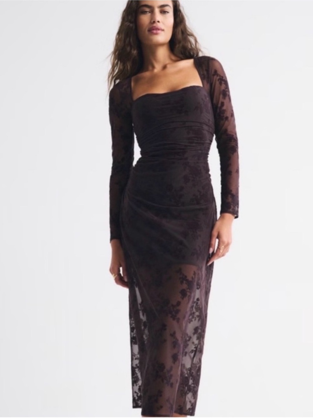 Abercrombie & Fitch sheer lace midi dress in dark plum